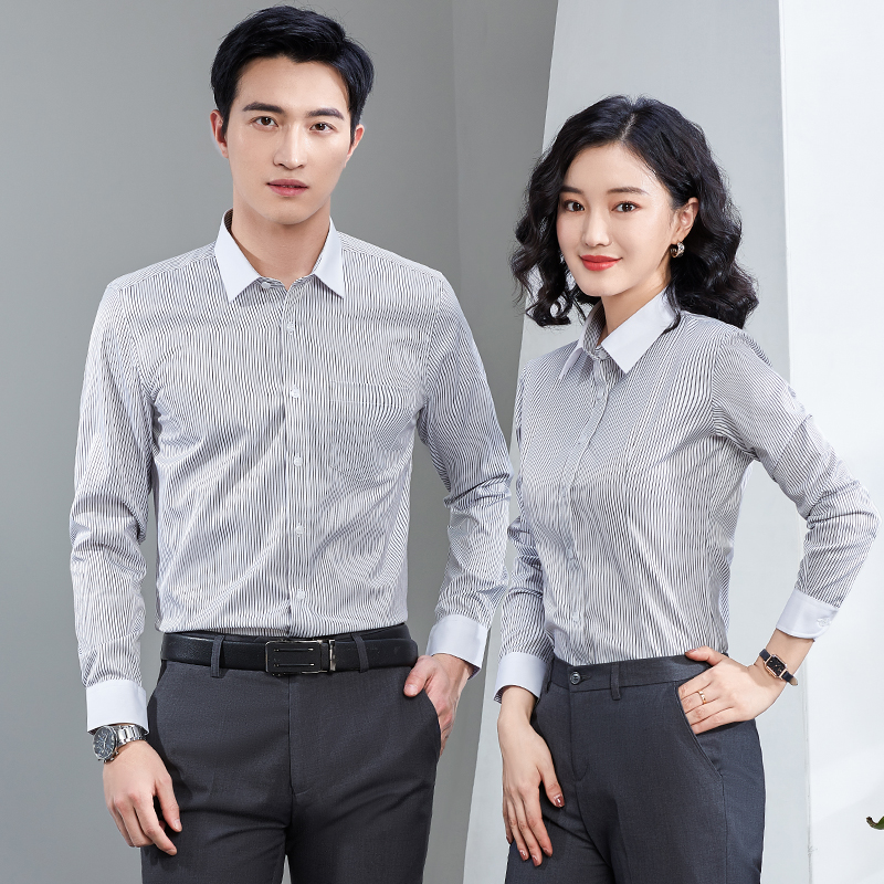 男女棉质修身拼色条纹长袖衬衫