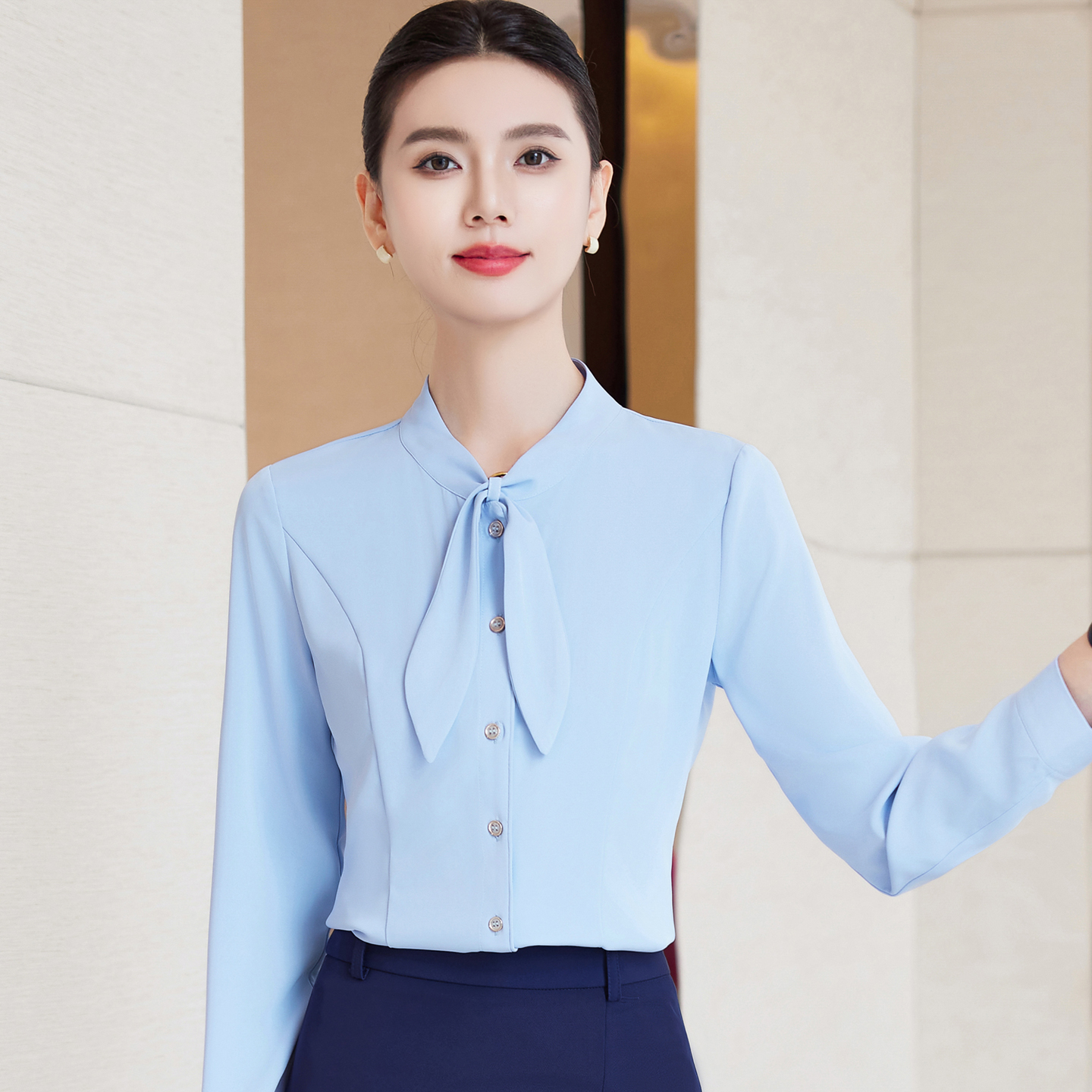 系带蝴蝶结领长袖新品白衬衫女秋