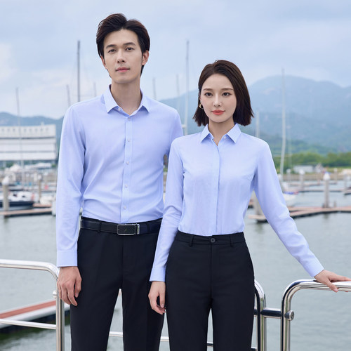 纯棉免烫蓝细条纹工作服高端衬衫
