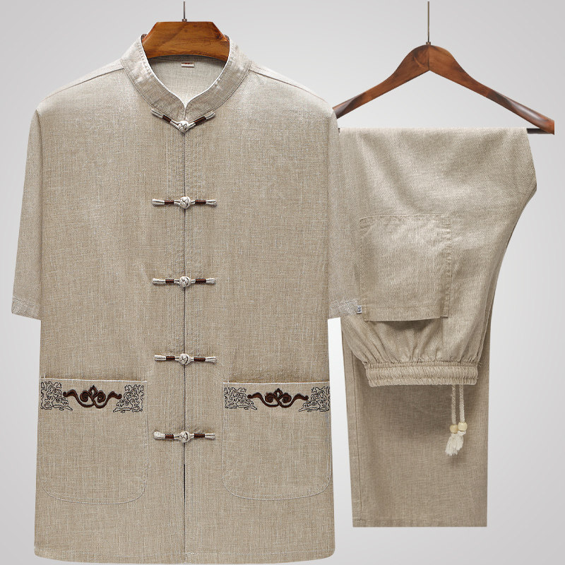 MIDDLE-AGED AND ELDERLY MENS TANG SUIT SUMMER SHORT SLEEVE DAD SUIT LINEN LOOSE CHINESE STYLE COARSE LINEN GRANDPA CLOTHES