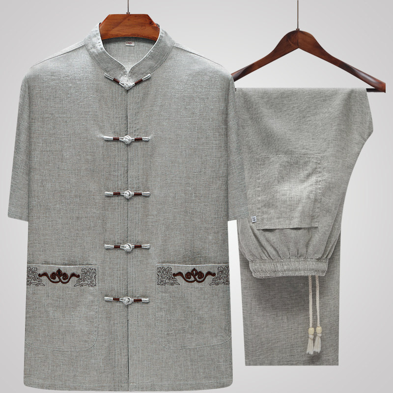 MIDDLE-AGED AND ELDERLY MENS TANG SUIT SUMMER SHORT SLEEVE DAD SUIT LINEN LOOSE CHINESE STYLE COARSE LINEN GRANDPA CLOTHES