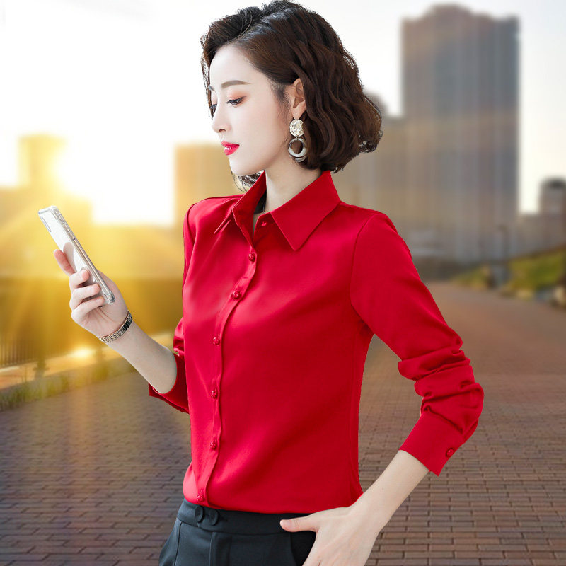 职业雪纺衬衫女长袖秋装2021新款红色衬衣洋气上衣缎面时尚打底衫