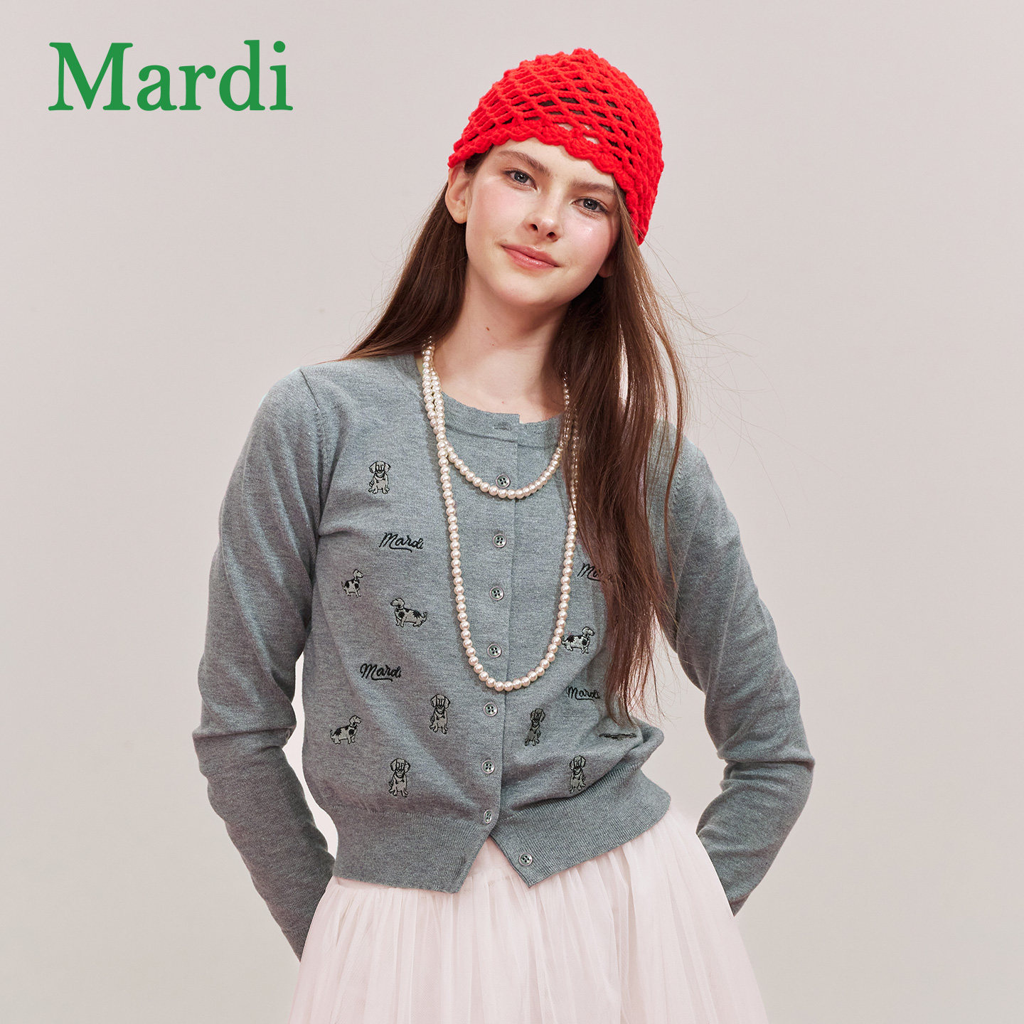 MARDI官方正品小狗图案针织开衫女2025秋季新款修身内搭上衣外套