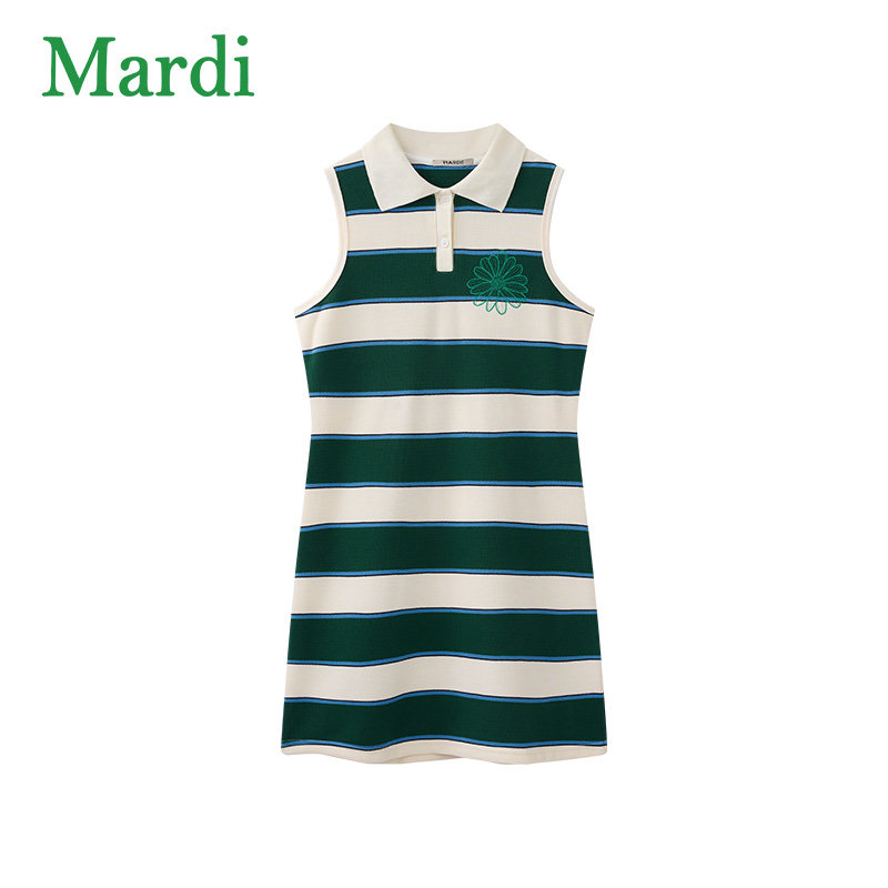 MARDI官方正品小雏菊刺绣无袖连衣裙女夏季时尚显瘦Polo领背心裙