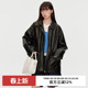 omont蛋挞家 宽松休闲中长上衣 复古黑色PU皮翻领皮衣外套春秋季