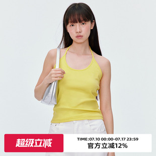 omont蛋挞家度假黄色挂脖外穿吊带背心夏季修身显瘦叠穿露背上衣