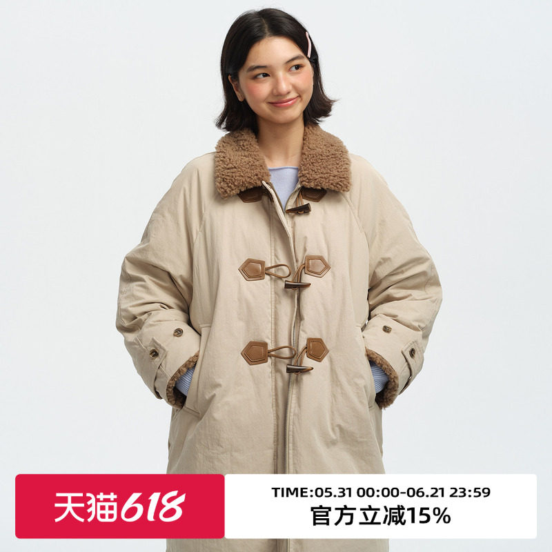 omont蛋挞家90白鸭绒复古毛领牛角扣羽绒服2025冬工装长款羽绒袄