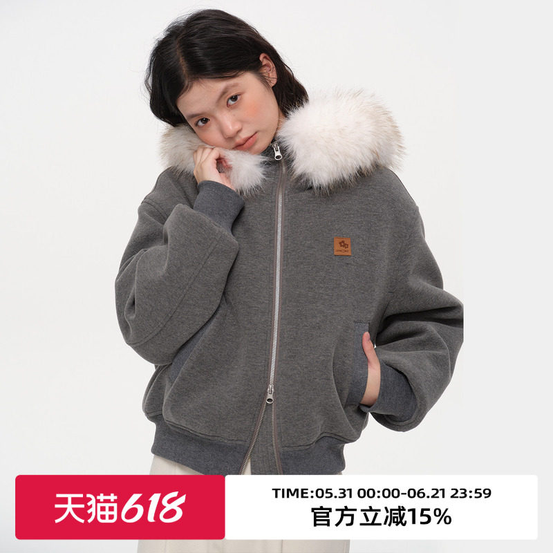 omont蛋挞家复古宽松休闲加厚连帽棉服2025冬内里绒保暖毛毛外套