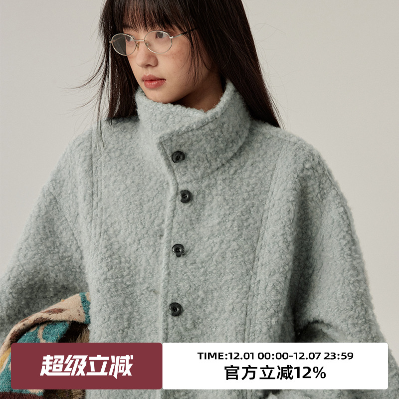 omont蛋挞家圈圈纱中长毛呢外套