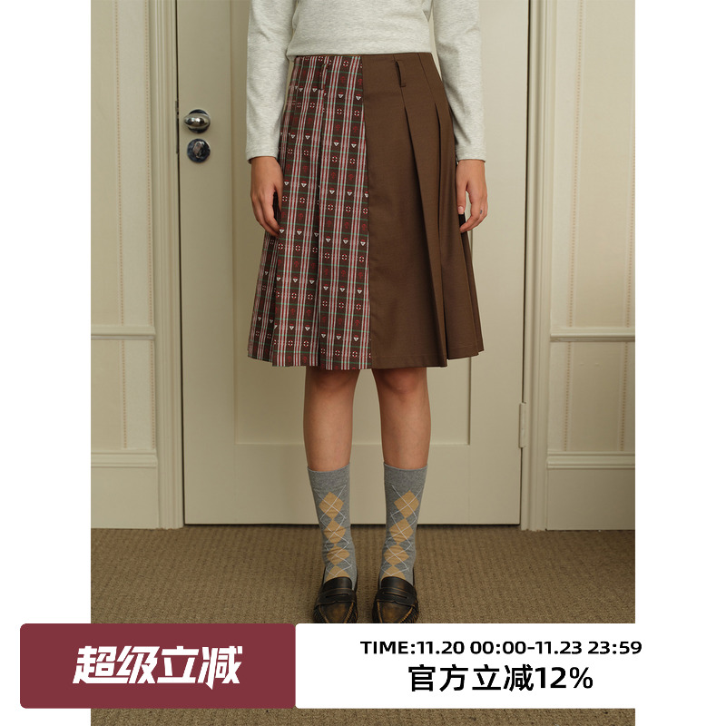 复古双面穿高腰百褶半身裙