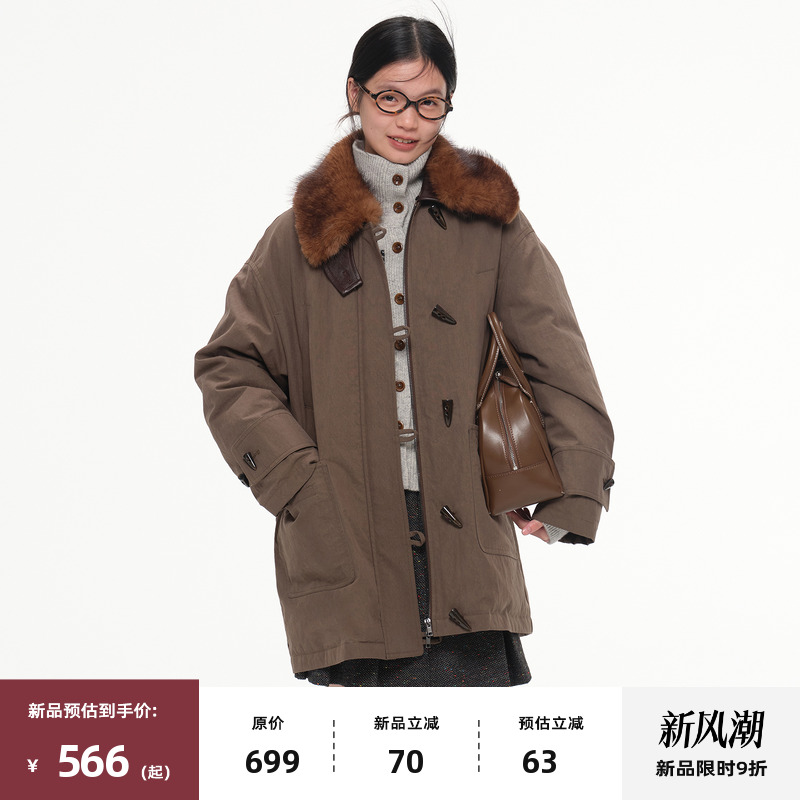 复古毛领中长款派克羽绒服