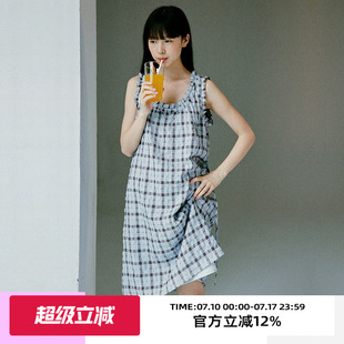 omont蛋挞家复古肌理感格纹背心连衣裙夏松弛感宽松无袖中裙