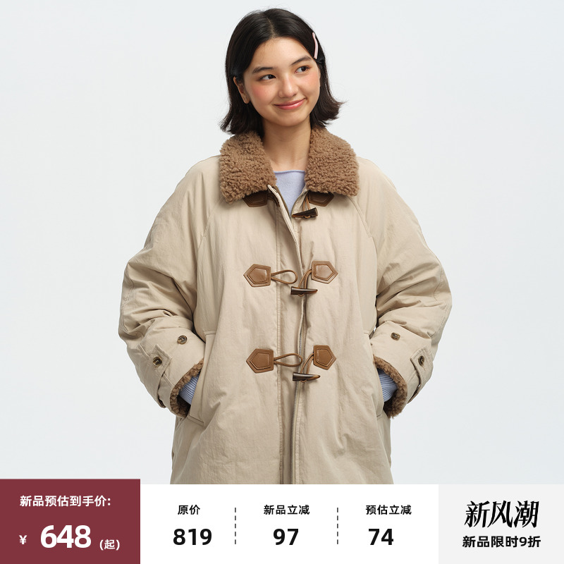 复古毛绒领工装宽松中长款羽绒服