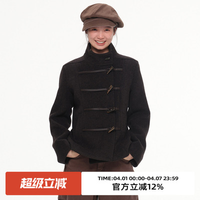 复古牛角扣收腰短款毛呢外套