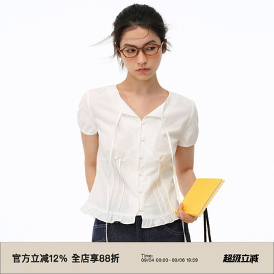 复古V领泡泡袖短袖衬衫