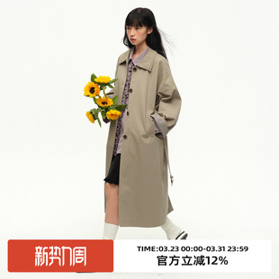 omont蛋挞家复古英伦风撞色格纹领风衣外套春设计感宽松中长外套