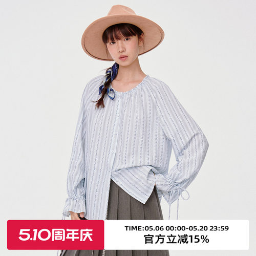 印花面料/袖口绑带设计/长袖衬衫