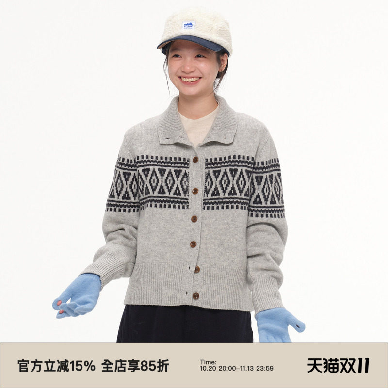 omont蛋挞家100%绵羊毛费尔岛立领针织开衫冬季复古慵懒毛衣