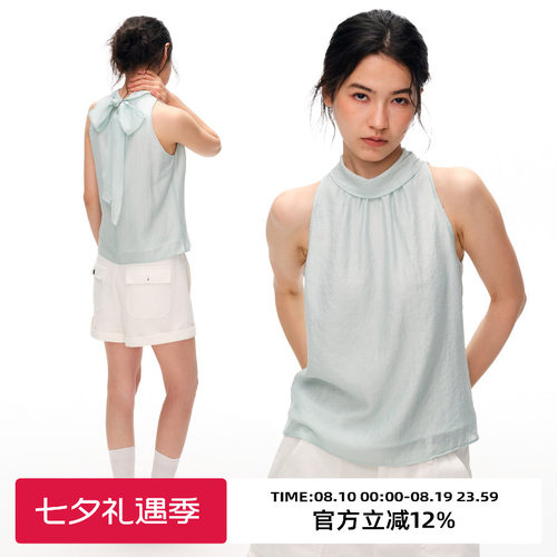 复古飘带领挂脖无袖吊带上衣