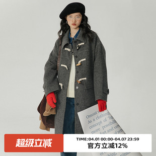 omont蛋挞家 新款 宽松中长款 毛呢外套 牛角扣羊毛大衣女冬季