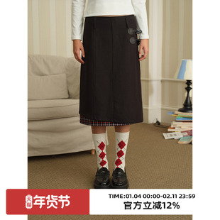 omont蛋挞家复古牛角扣撞色设计感半身裙2025秋季高腰直筒中裙子