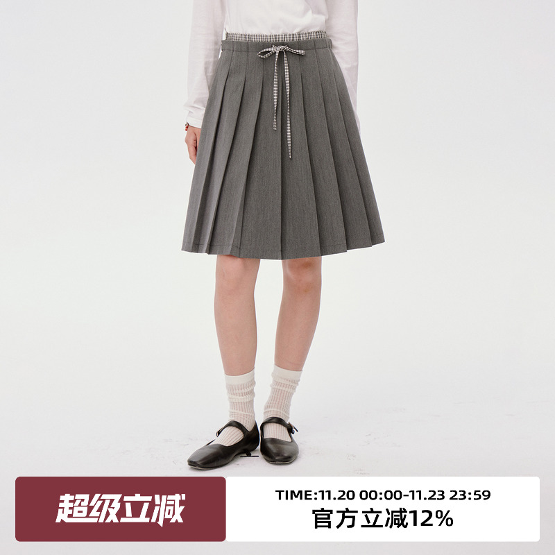 格子拼接腰/中长款百褶半身裙