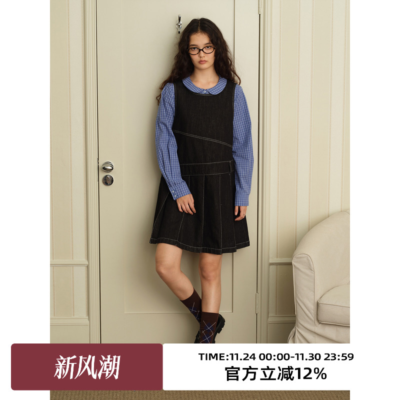 复古宽松叠穿无袖牛仔连衣裙