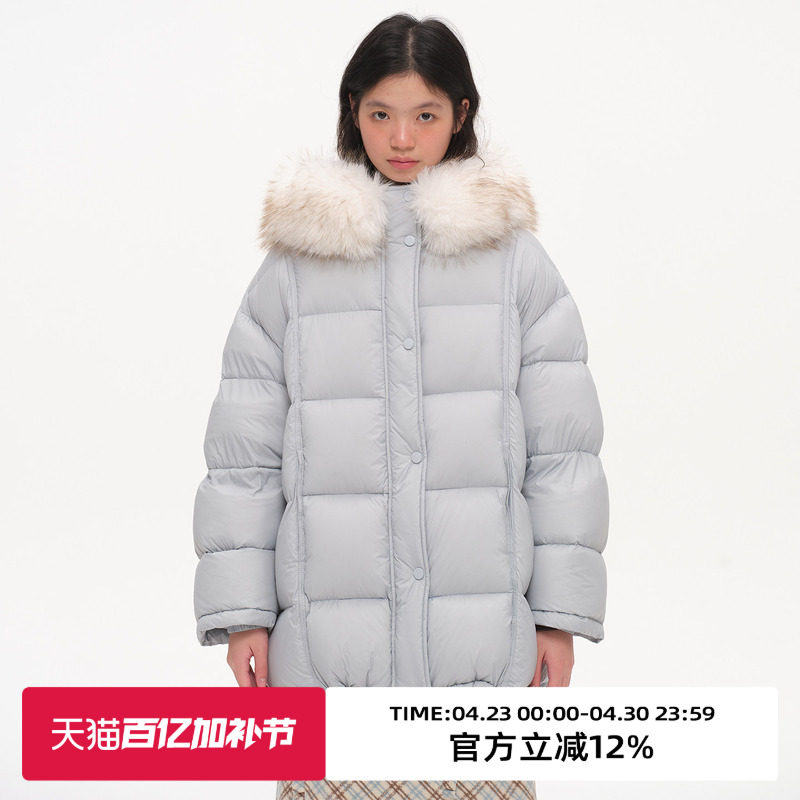 omont蛋挞仿狐狸毛大毛领中长款羽绒服冬保暖90白鸭绒羽绒袄