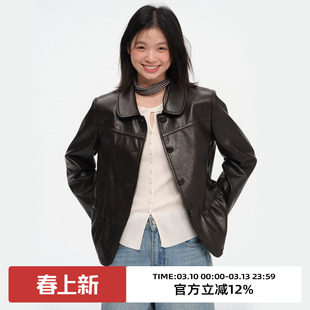 omont蛋挞复古PU皮木耳边下摆黑色皮衣外套2026春设计感夹克上衣