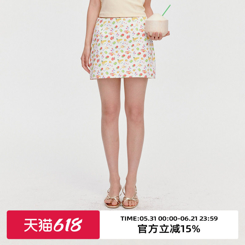 omont蛋挞家复古小众水果印花高腰半身裙2025夏包臀修身显瘦短裙