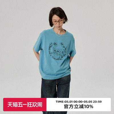 omont蛋挞家短袖复古小猫印花