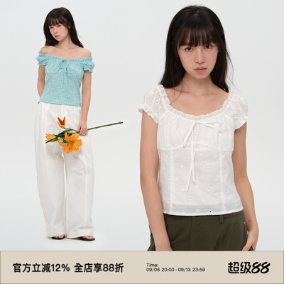 复古格纹泡泡袖短袖衬衫