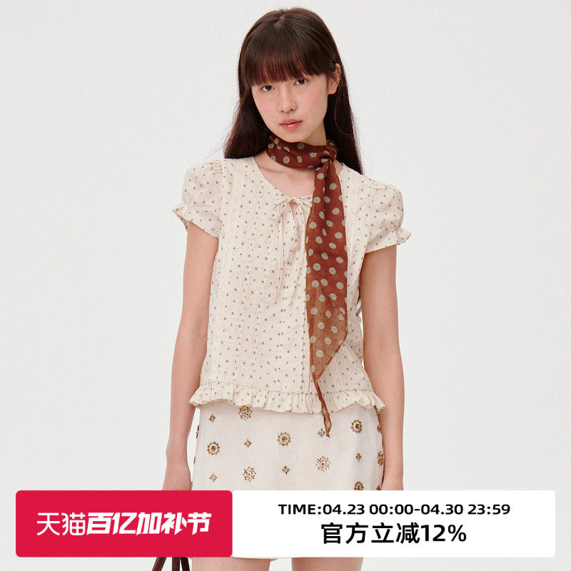 omont蛋挞家复古泡泡袖短袖衬衫夏小众系带圆领显瘦宽松上衣小衫