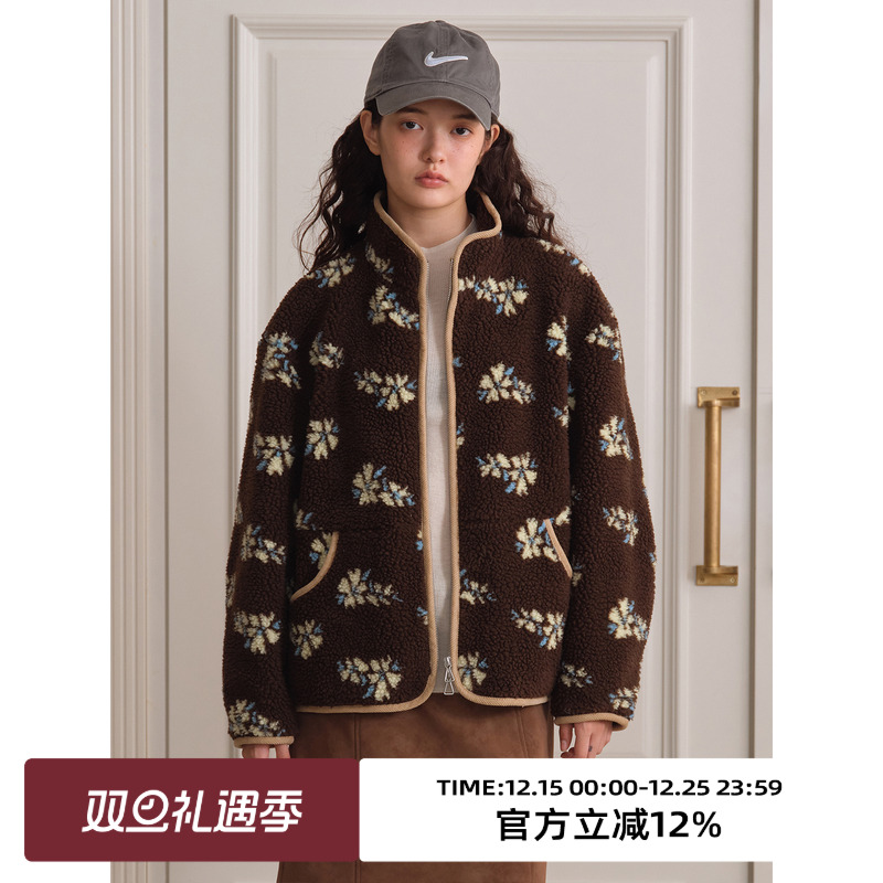 复古花色宽松休闲羊羔毛外套