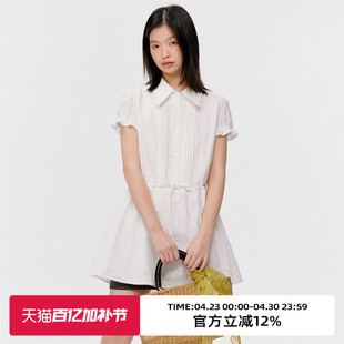 omont蛋挞气质绣花短袖连衣裙2026春夏收腰显瘦短款白色初恋裙子