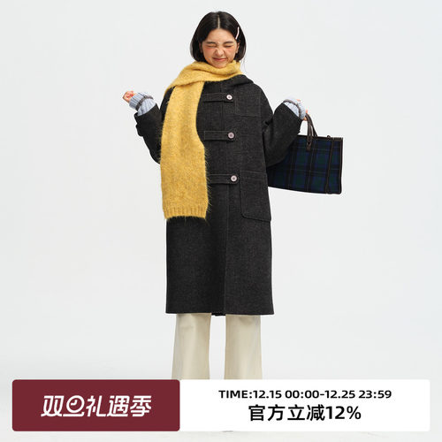 复古连帽长款毛呢外套