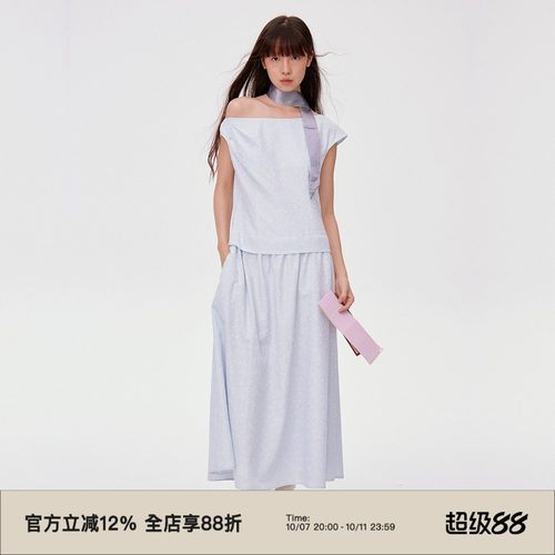 格纹面料/一字斜肩假两件连衣裙