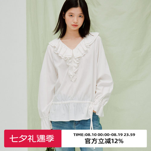 复古V领荷叶边长袖衬衫