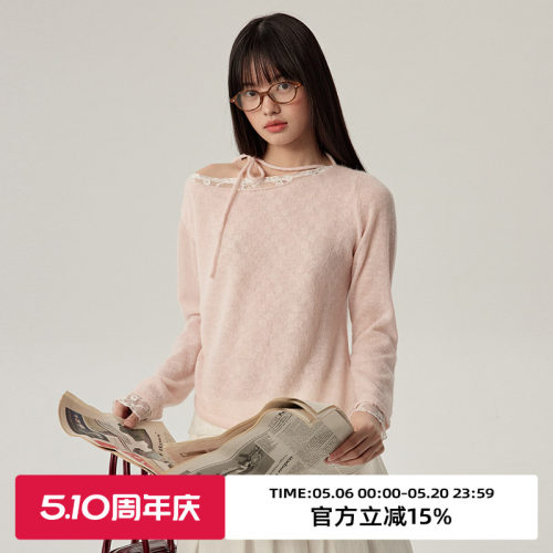 一字领两穿设计/蕾丝拼接