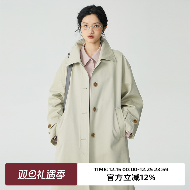 omont灰色中长款风衣外套