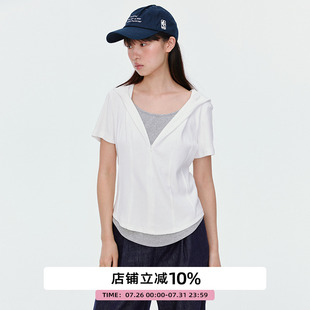 omont蛋挞家复古假两件连帽短袖 显瘦上衣 T恤女2025夏季 设计感修身