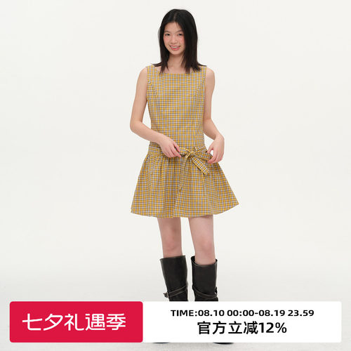 复古格子收腰无袖连衣裙