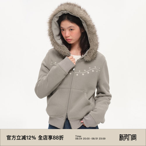 复古连帽毛领拉链修身款卫衣外套