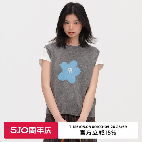复古花朵提花圆领叠穿针织马甲