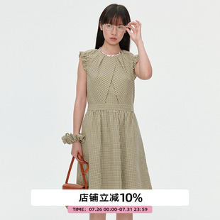 连衣裙2025夏季 omont蛋挞家复古格子小飞袖 设计感收腰显瘦短裙子