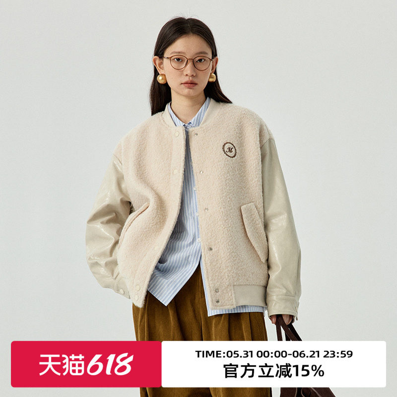 omont蛋挞家 复古棒球棉服女冬季新款宽松羊毛加厚呢子外套