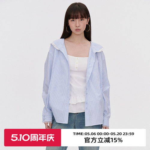连帽/设计感扣子/H型长袖衬衫