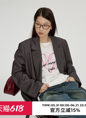 omont蛋挞家 复古灰色西装外套女春秋季高级感慵懒宽松休闲西服