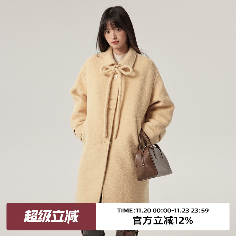 omont蛋挞家中长蝴蝶结毛呢外套