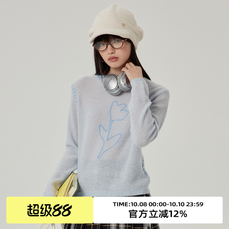omont蛋挞家 手工盘带绣马海毛针织衫秋圆领宽松慵懒套头毛衣